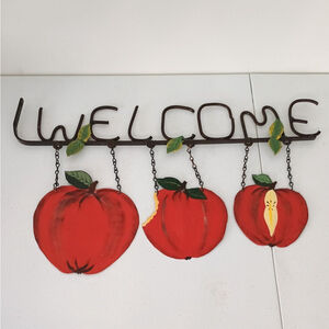 Vintage Metal Iron Welcome Sign Hanging Red Apples W/ Chains Hand Painted 21"